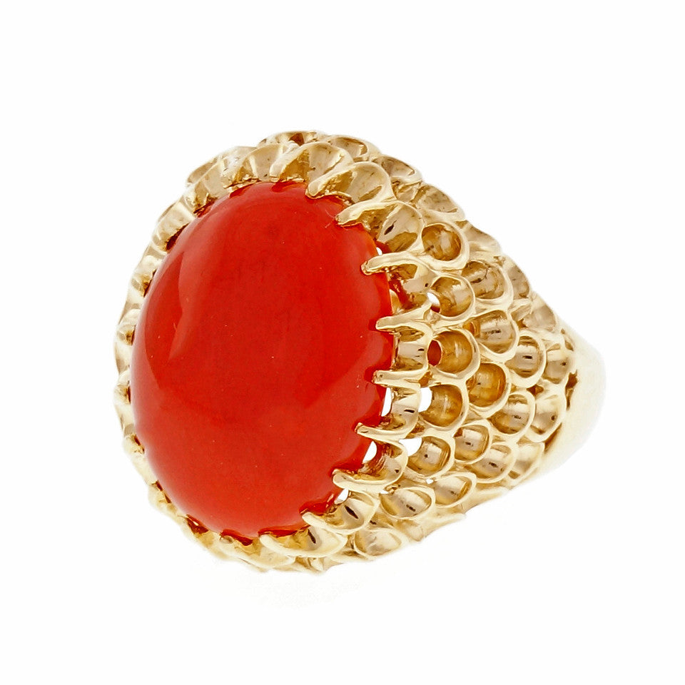 Natural Certified Red Orange Coral Ring Baden & Foss 14k Yellow Gold – image 2