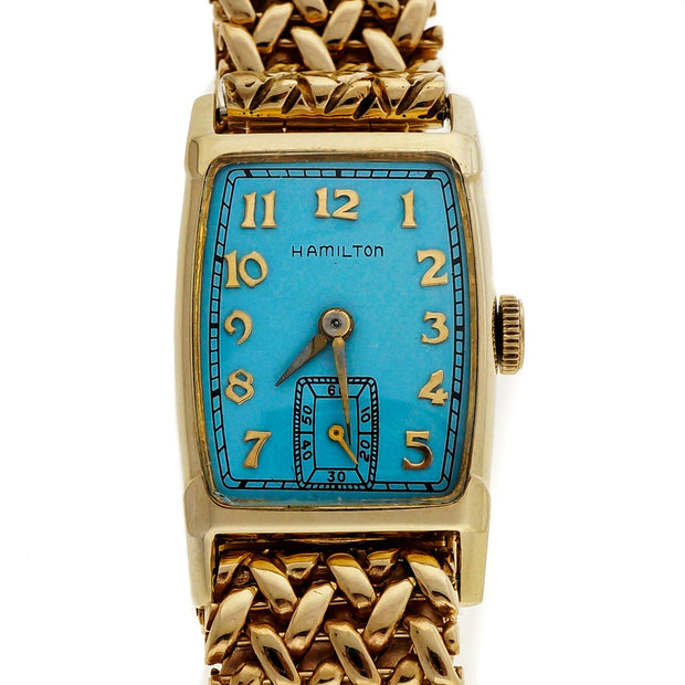 Art Deco Hamilton Solid Gold Wrist Watch Custom Colored Light Blue Dial