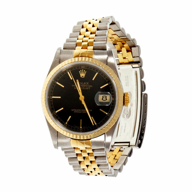 Rolex Datejust Black Dial 16233 Wrist Watch 18k Steel Jubilee Band
