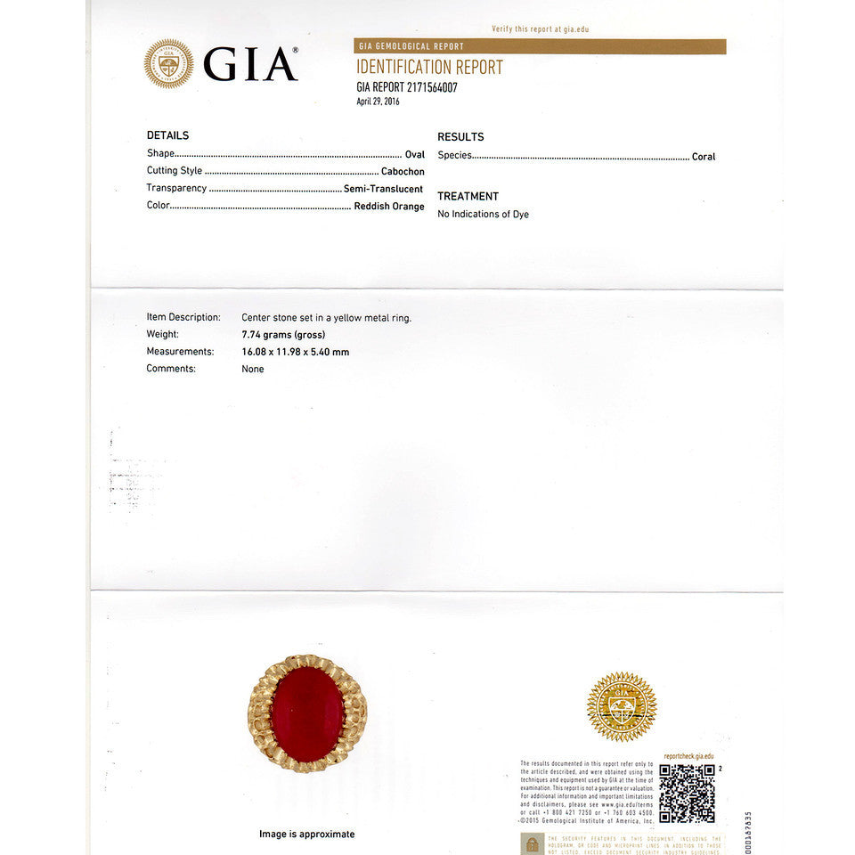 Natural Certified Red Orange Coral Ring Baden & Foss 14k Yellow Gold – image 7