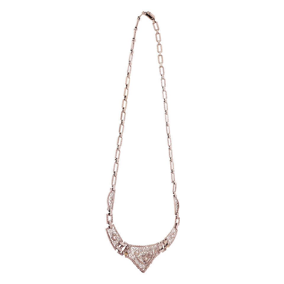 Art Deco Platinum Gold Filigree Diamond Necklace Old European Cut – image 2