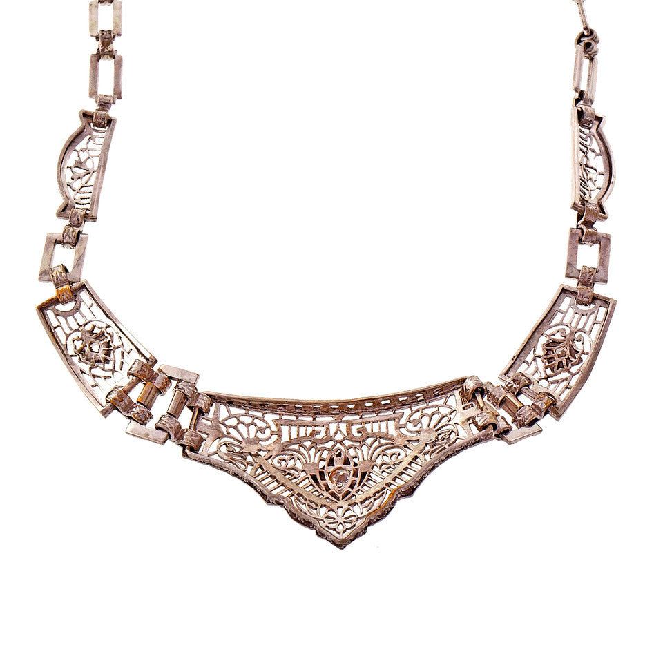 Art Deco Platinum Gold Filigree Diamond Necklace Old European Cut – image 3
