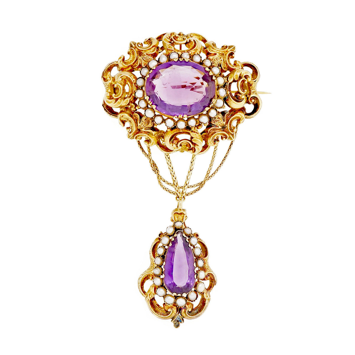 Georgian Antique 1800 Pin Pendant Amethyst Natural Pearl 14k Detachable Dangle