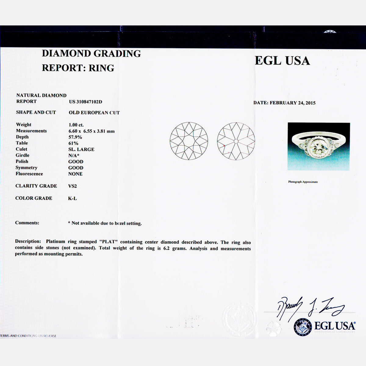 EGL Certified 1.00 Carat Old European Art Deco Diamond Platinum Engagement Ring – image 3