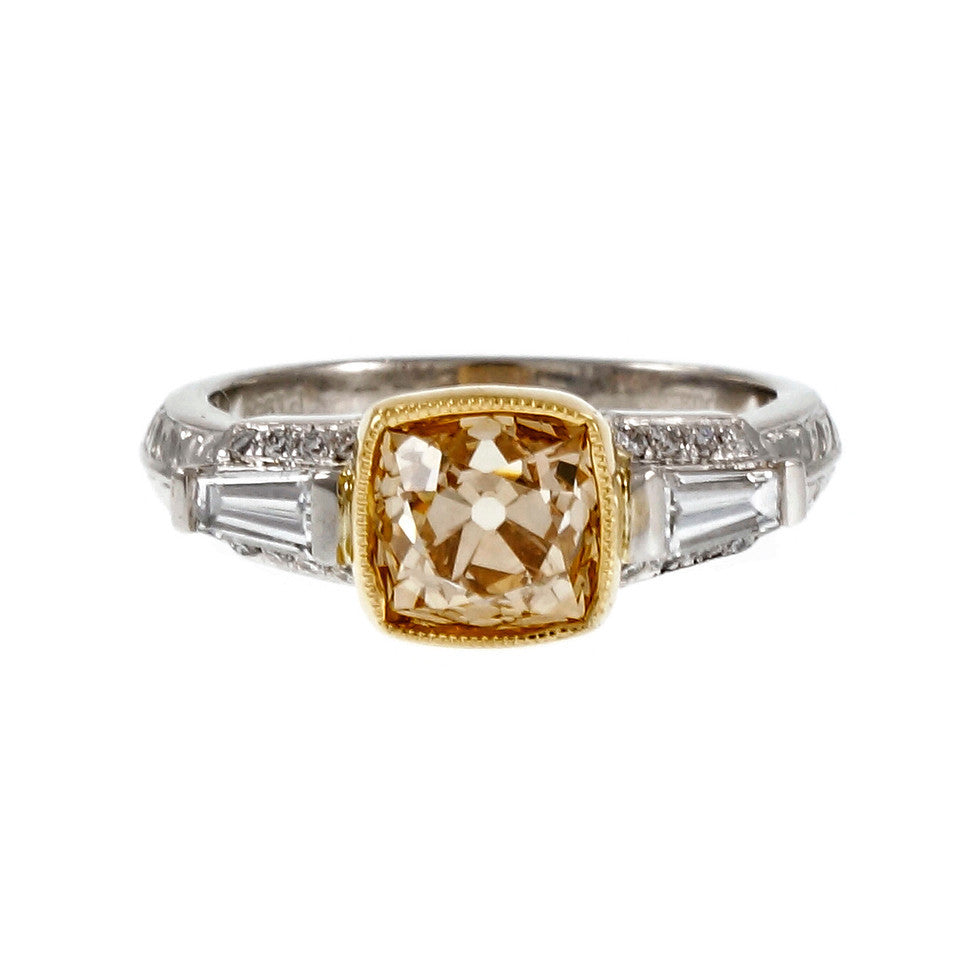 Natural Brown Yellow Antique Cushion Diamond Ring Platinum 18k Gold – image 2