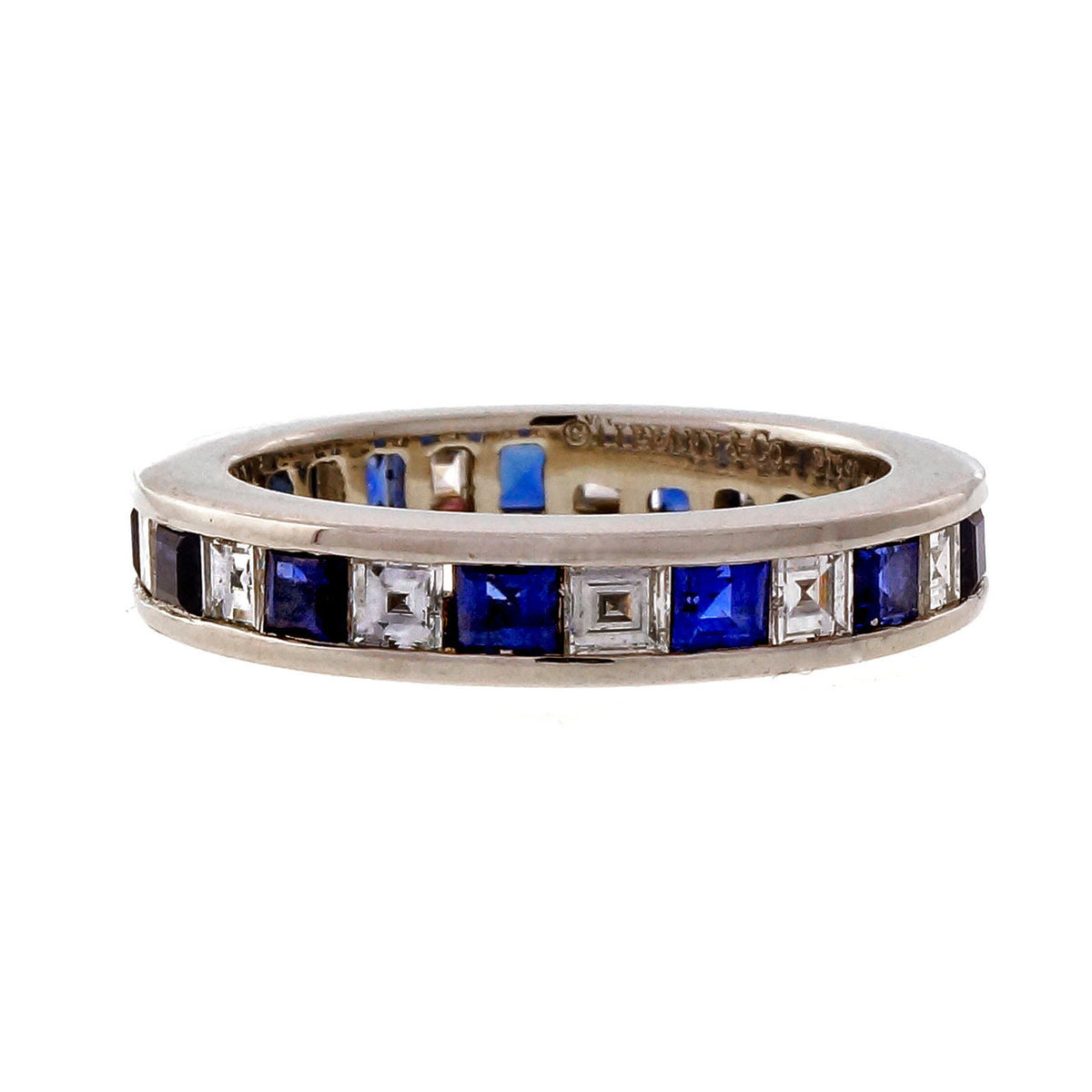 Tiffany & Co Platinum Square Diamond Sapphire Eternity Band Ring Size 4.5