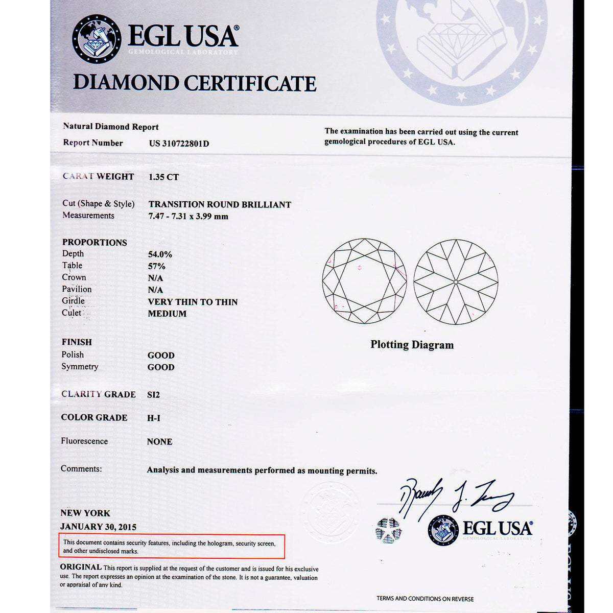 EGL 1.35 Carat Transitional Cut Diamond Platinum Engagement Ring – image 3