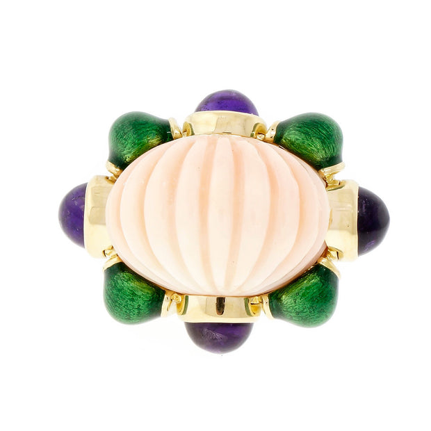 1940 David Webb Fluted Coral Ring Green Enamel Amethyst 18k Yellow Gold