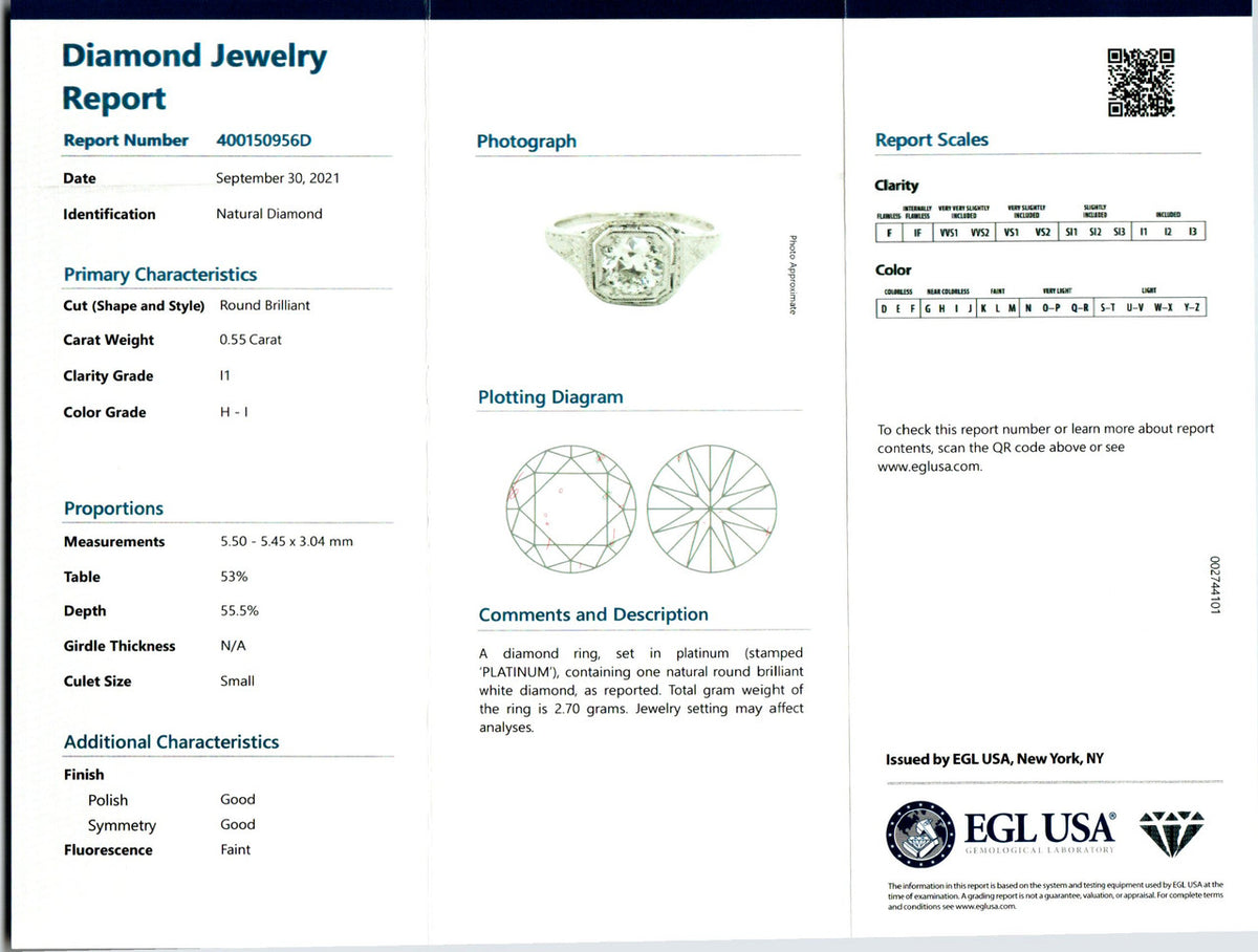 EGL Certified .55 Carat Diamond Edwardian Platinum Engagement Ring – image 3