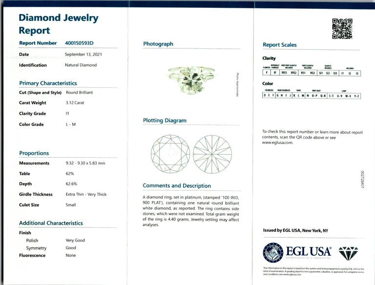 EGL Certified 3.12 Carat Diamond Platinum Engagement Ring – image 4