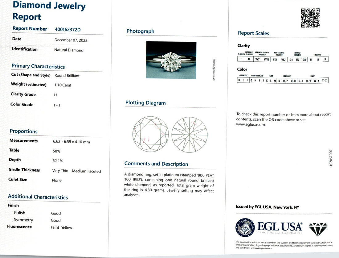 EGL Certified 1.10 Carat Round Diamond Platinum Solitaire Engagement Ring – image 3