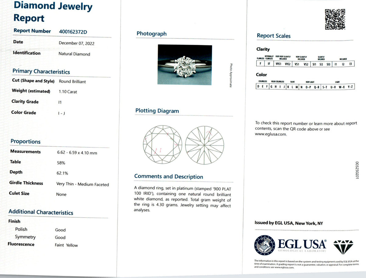 EGL Certified 1.10 Carat Round Diamond Platinum Solitaire Engagement Ring – image 3