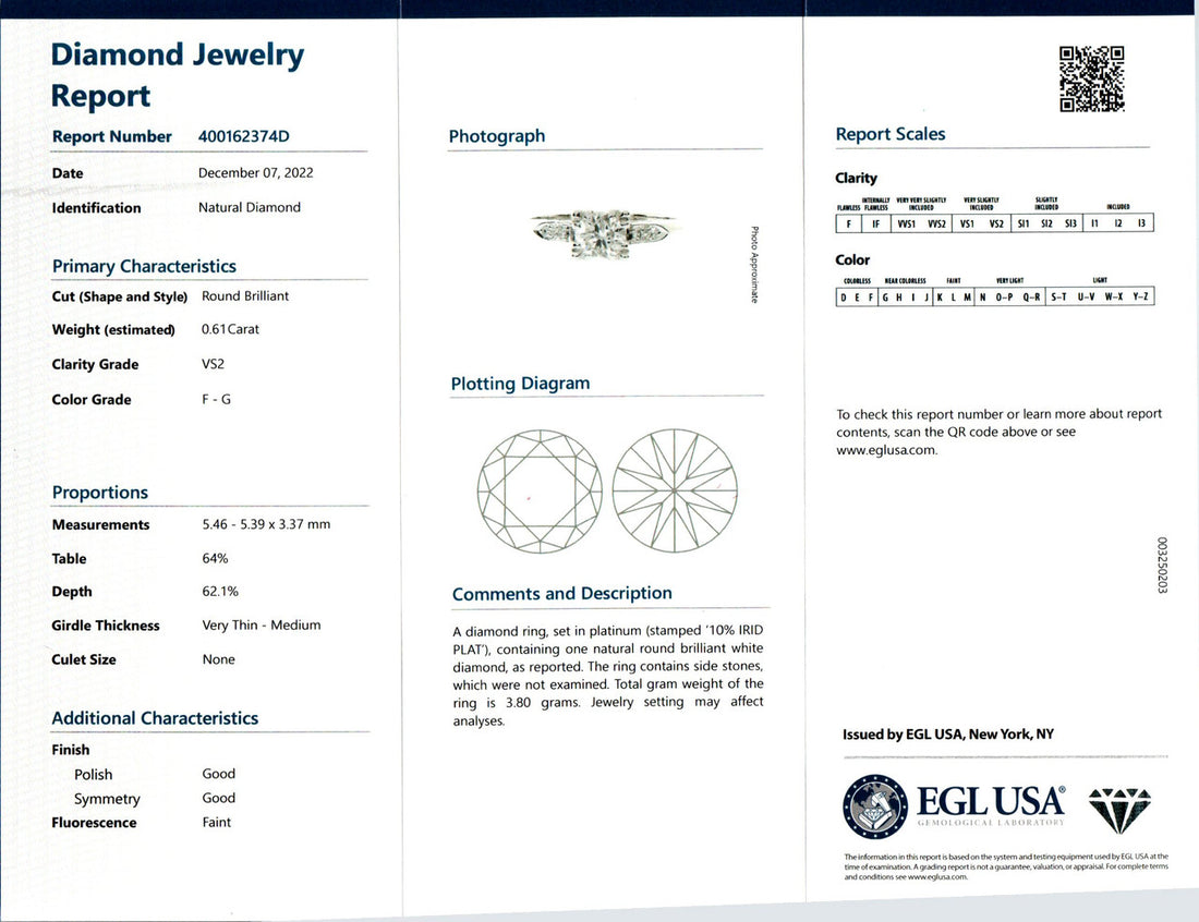 EGL Certified .61 Carat Round Diamond Platinum Three-Stone Engagement Ring – image 4
