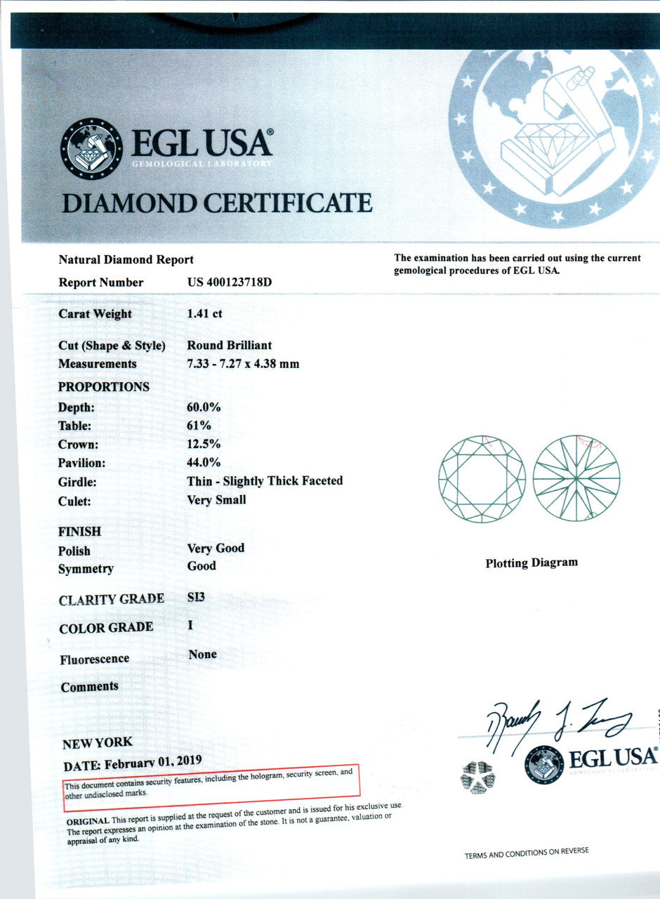 EGL Certified 1.41 Carat Round Diamond Platinum Solitaire Engagement Ring – image 3