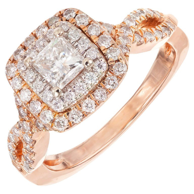 .93 Carat Princess Cut Diamond Halo 14k Rose Gold Engagement Ring