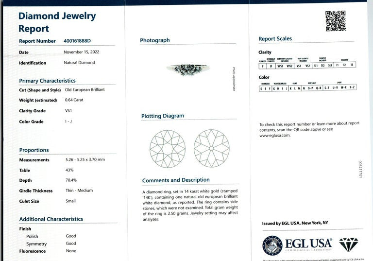 EGL Certified .64 Carat Diamond White Gold Three-Stone Engagement Ring – image 3