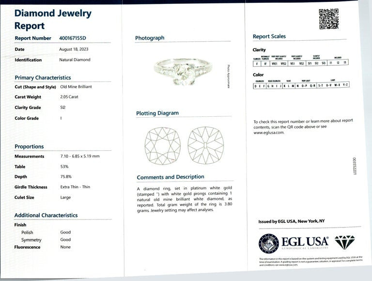 EGL Certified 2.05 Carat Old Mine Diamond Platinum Art Deco Engagement Ring – image 4