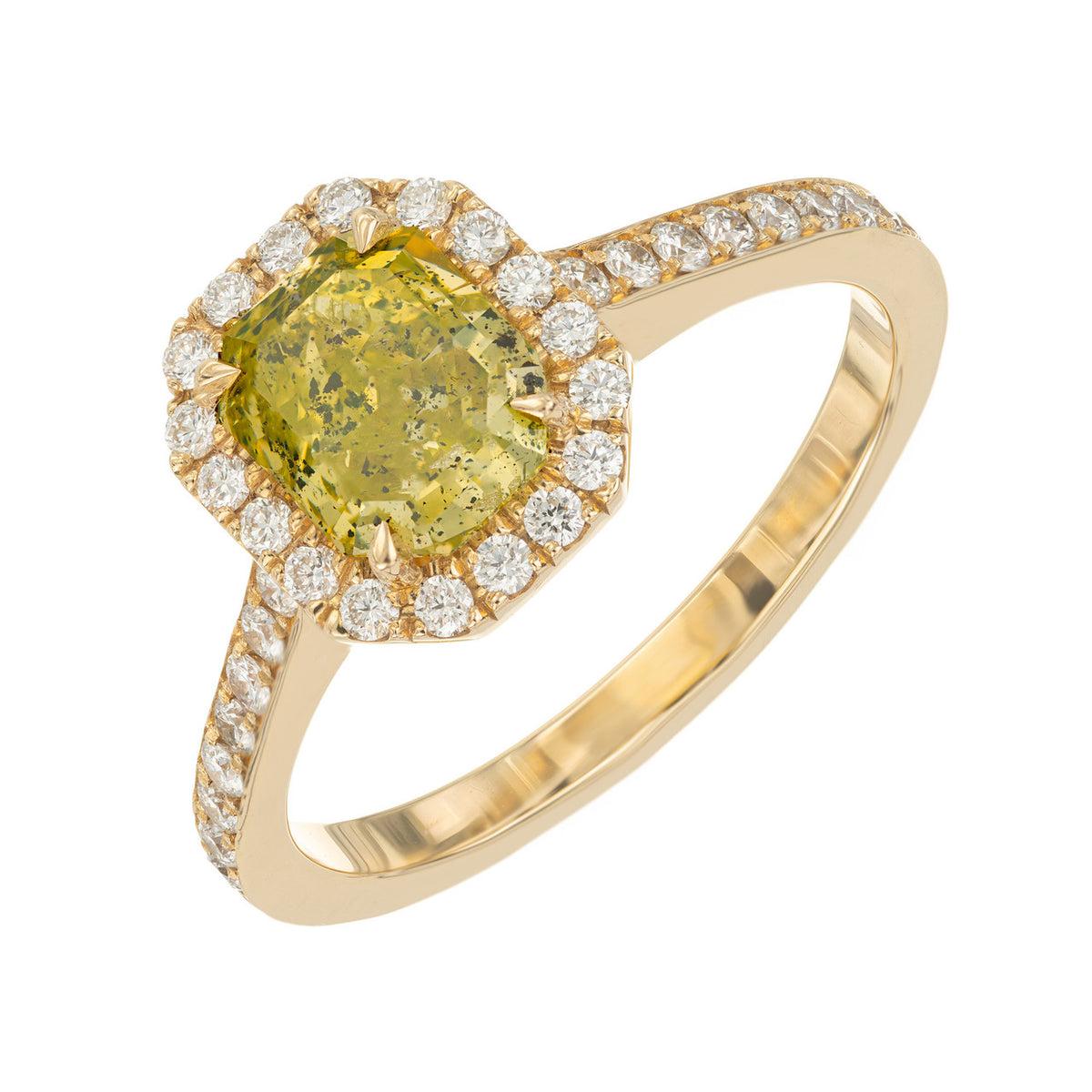 Peter Suchy GIA 1.27 Carat Green Yellow Diamond Halo Yellow Gold Engagement Ring