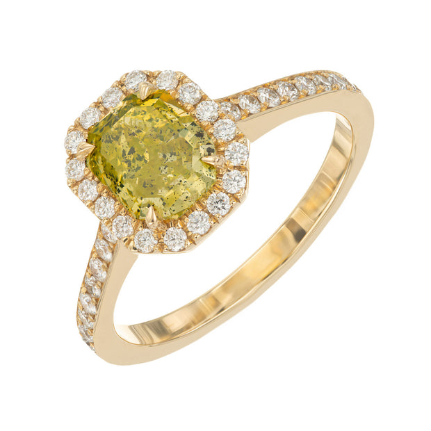 Peter Suchy GIA 1.27 Carat Green Yellow Diamond Halo Yellow Gold Engagement Ring