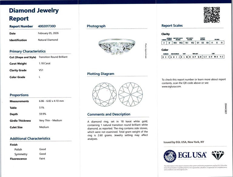 EGL Certified 1.18 Carat Diamond 18k White Gold Art Deco Engagement Ring – image 3