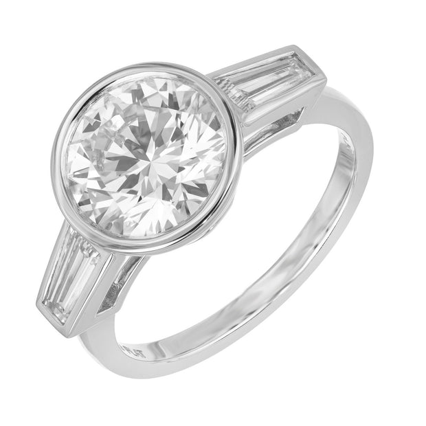 2.52 Carat Lab Grown Round Baguette Diamond Plaintum Three Stone Ring