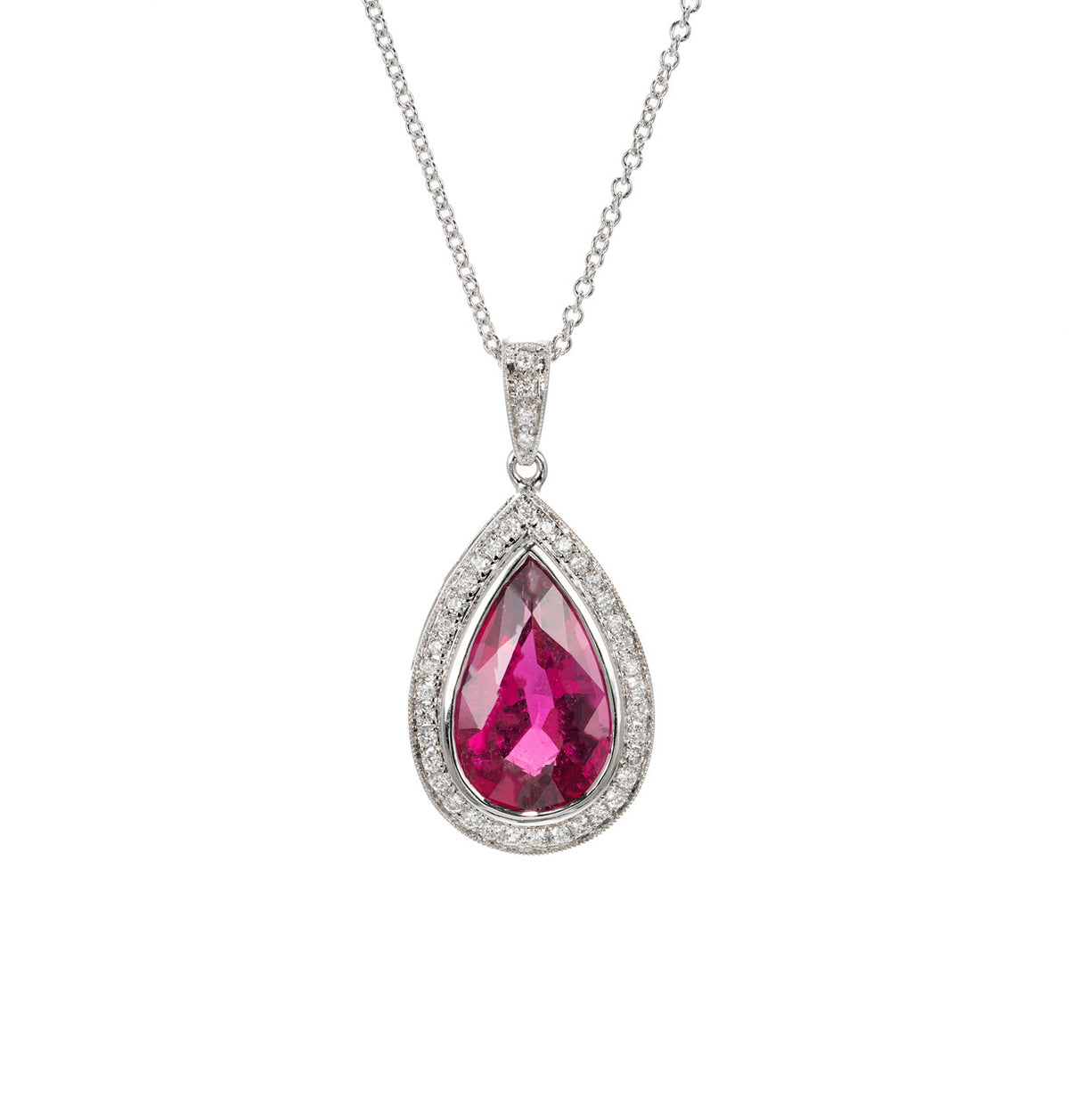 4.46ct Pear Pink Tourmaline Diamond 14k White Gold Pendant Necklace