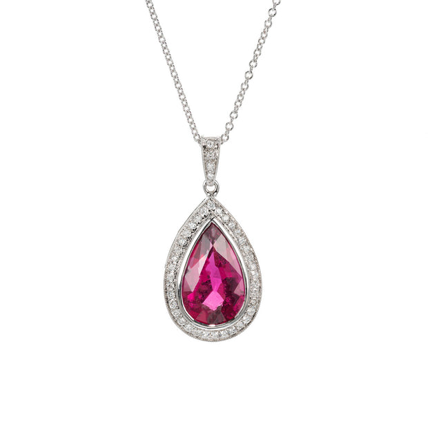 4.46ct Pear Pink Tourmaline Diamond 14k White Gold Pendant Necklace