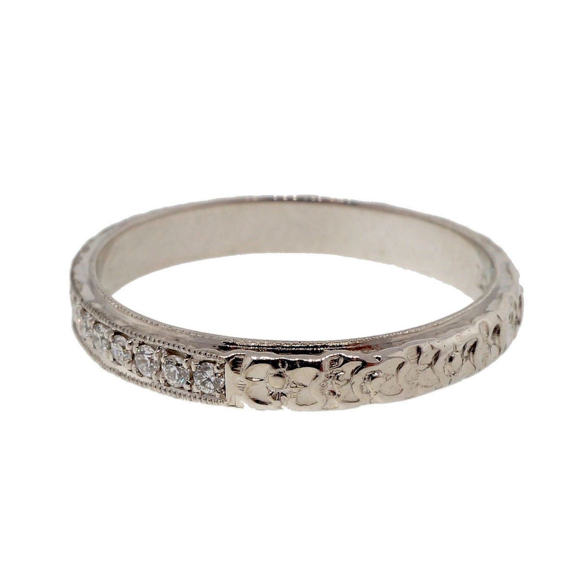 Peter Suchy Antique Revival Platinum Diamond Flower Engraved Wedding Band Ring – image 2