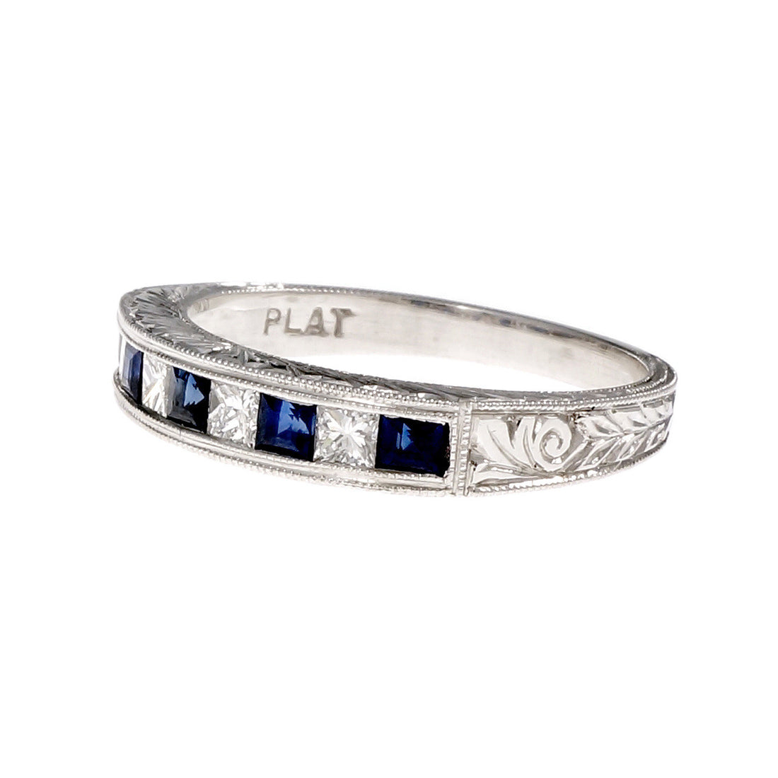 Peter Suchy Sapphire Diamond Wedding Band Ring Platinum Hand Engraved – image 2