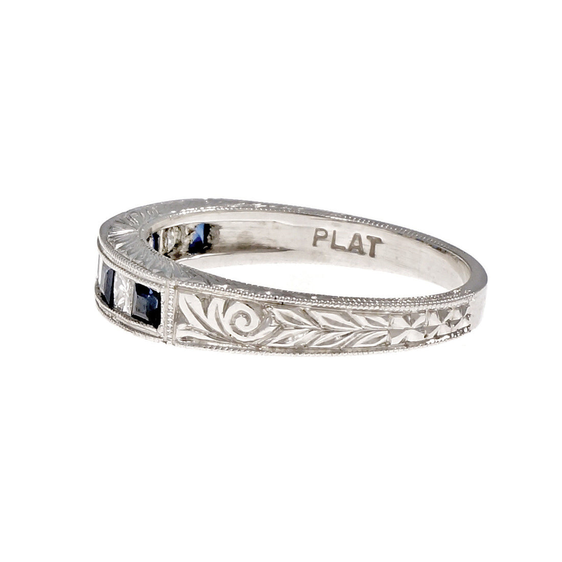 Peter Suchy Sapphire Diamond Wedding Band Ring Platinum Hand Engraved – image 3