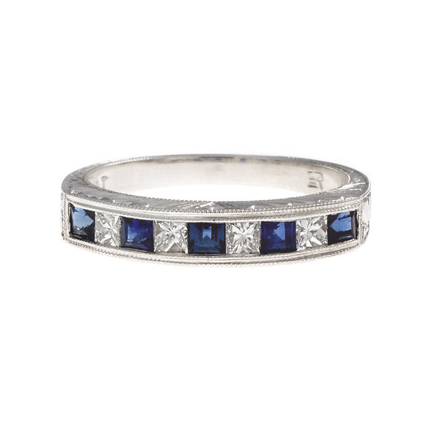 Peter Suchy Sapphire Diamond Wedding Band Ring Platinum Hand Engraved