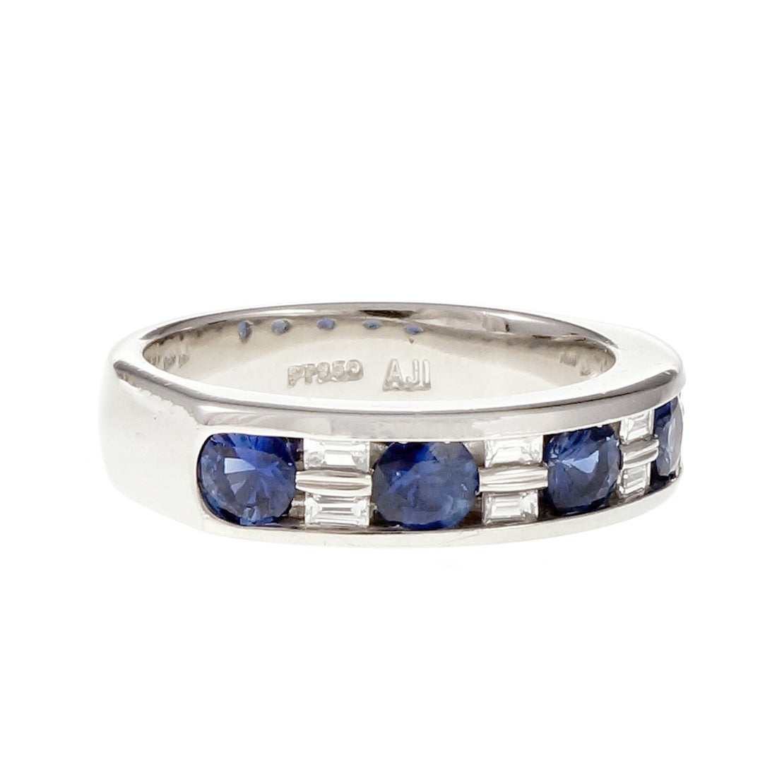 Round Sapphire Baguette Diamond Channel Band Ring Platinum – image 2