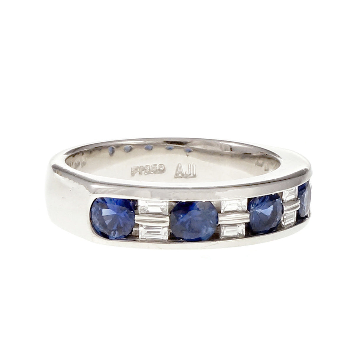 Round Sapphire Baguette Diamond Channel Band Ring Platinum – image 2