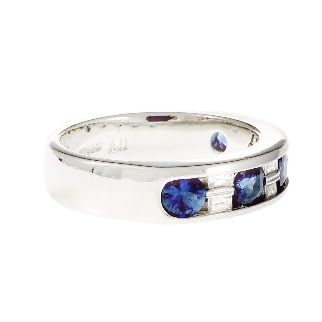 Round Sapphire Baguette Diamond Channel Band Ring Platinum – image 3