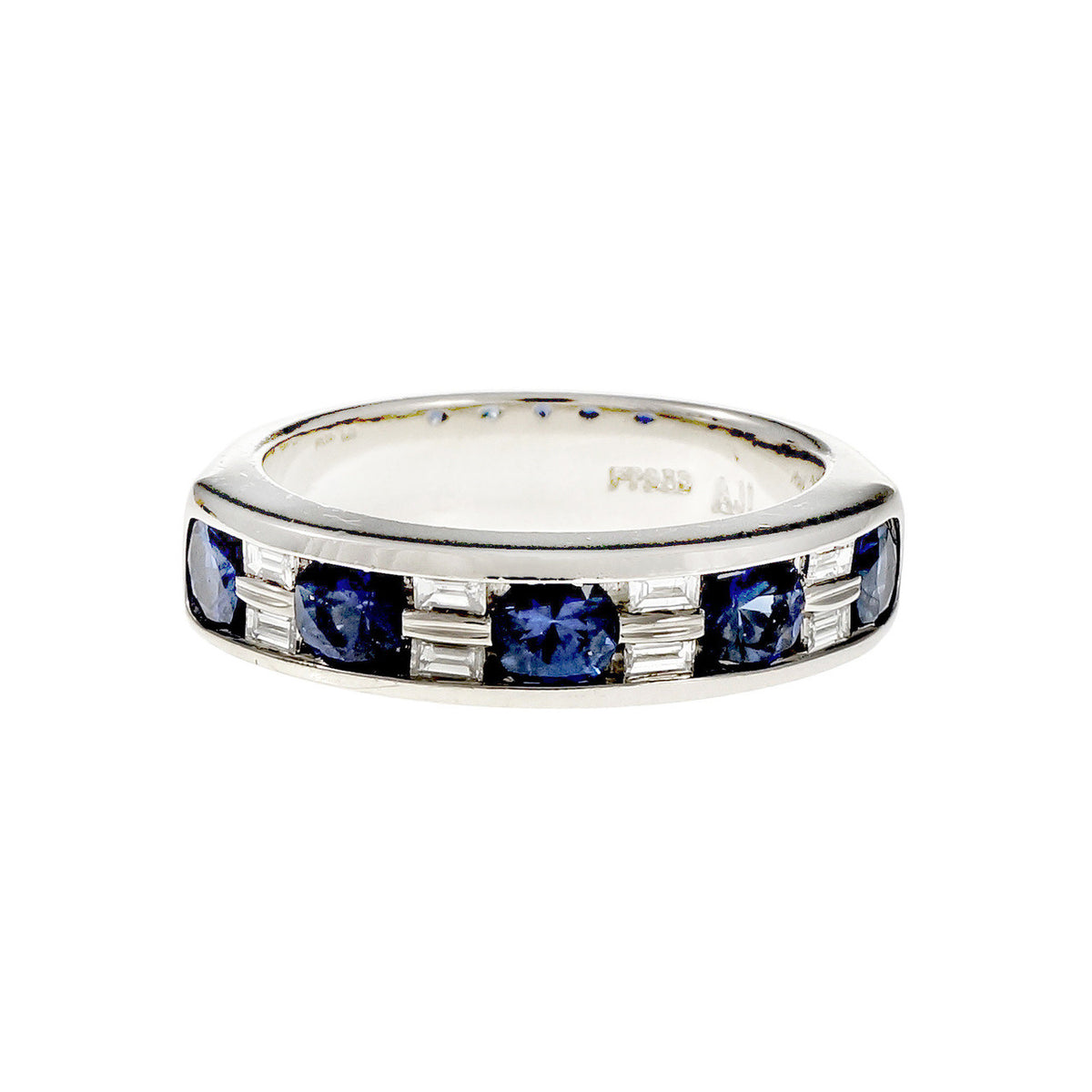 Round Sapphire Baguette Diamond Channel Band Ring Platinum