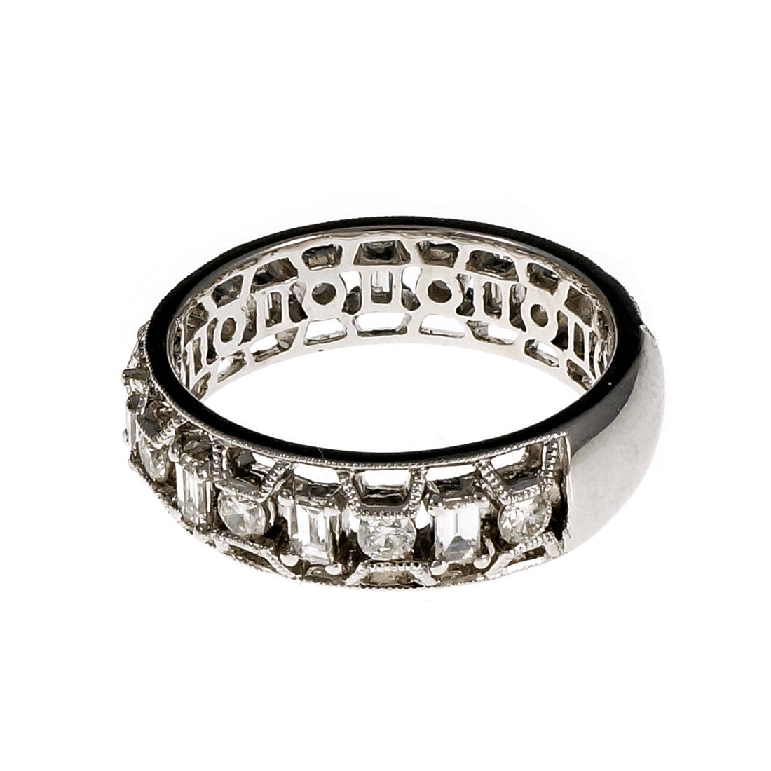 Open Work Diamond Wedding Band Ring Emerald Cut & Round 18k White Gold – image 2