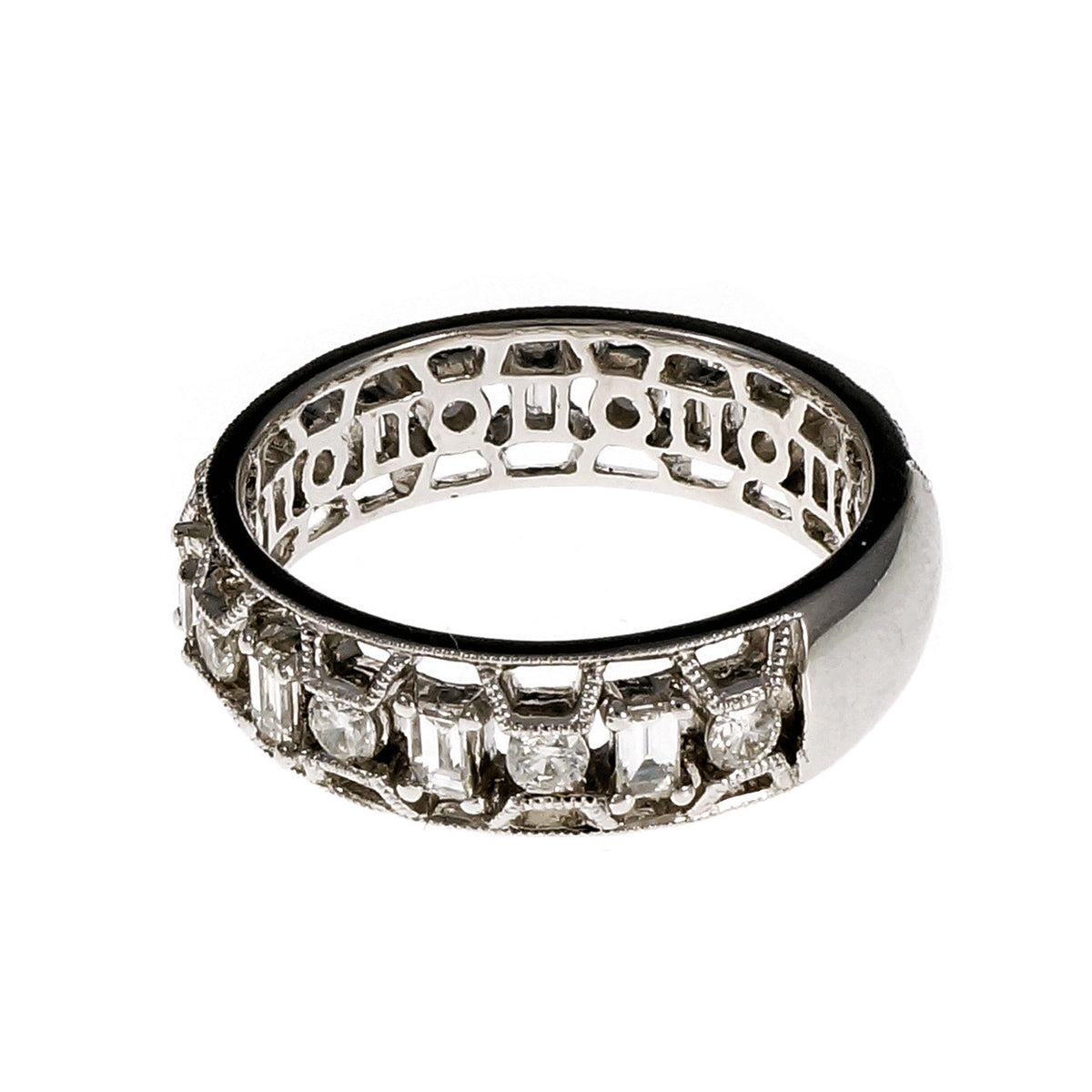 Open Work Diamond Wedding Band Ring Emerald Cut & Round 18k White Gold – image 2