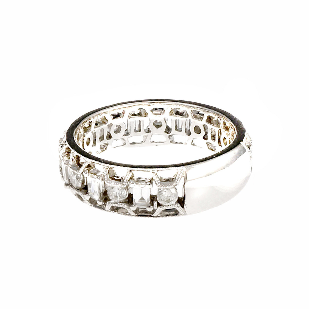 Open Work Diamond Wedding Band Ring Emerald Cut & Round 18k White Gold – image 3
