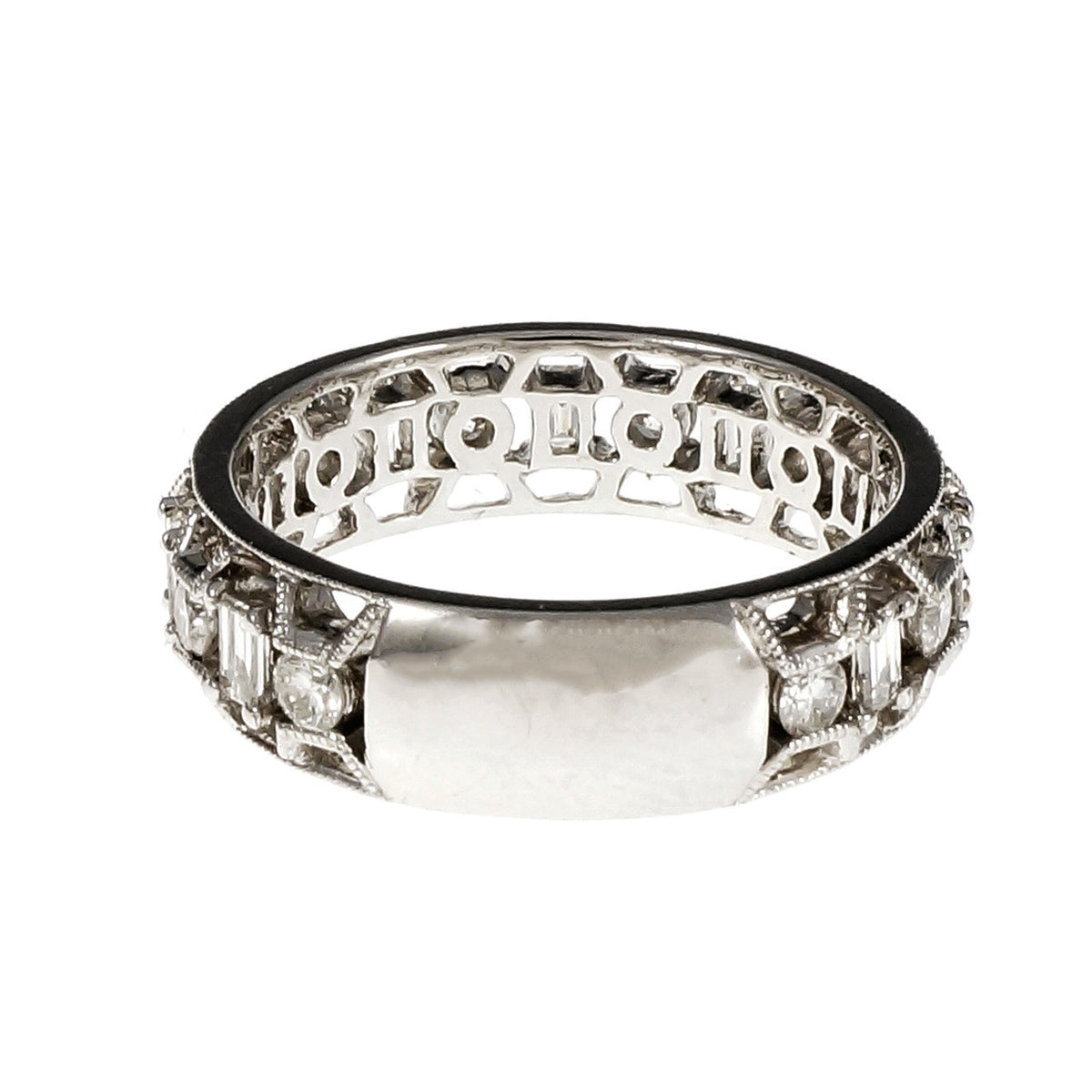Open Work Diamond Wedding Band Ring Emerald Cut & Round 18k White Gold – image 4