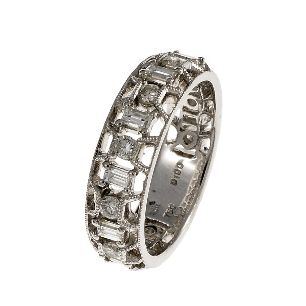 Open Work Diamond Wedding Band Ring Emerald Cut & Round 18k White Gold – image 6