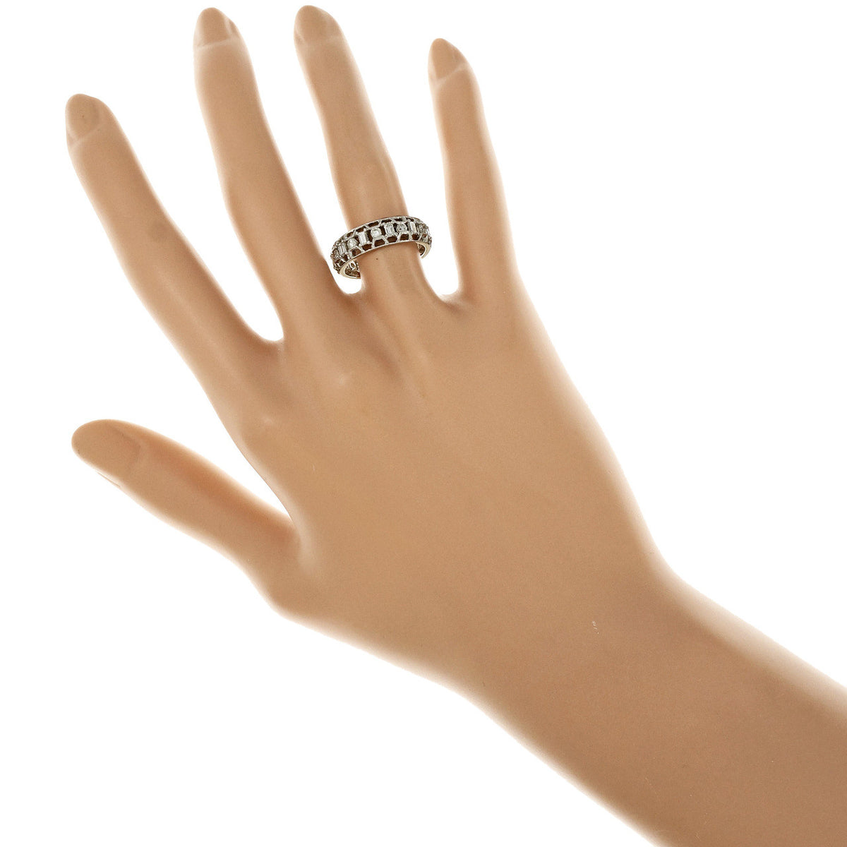 Open Work Diamond Wedding Band Ring Emerald Cut & Round 18k White Gold – image 7