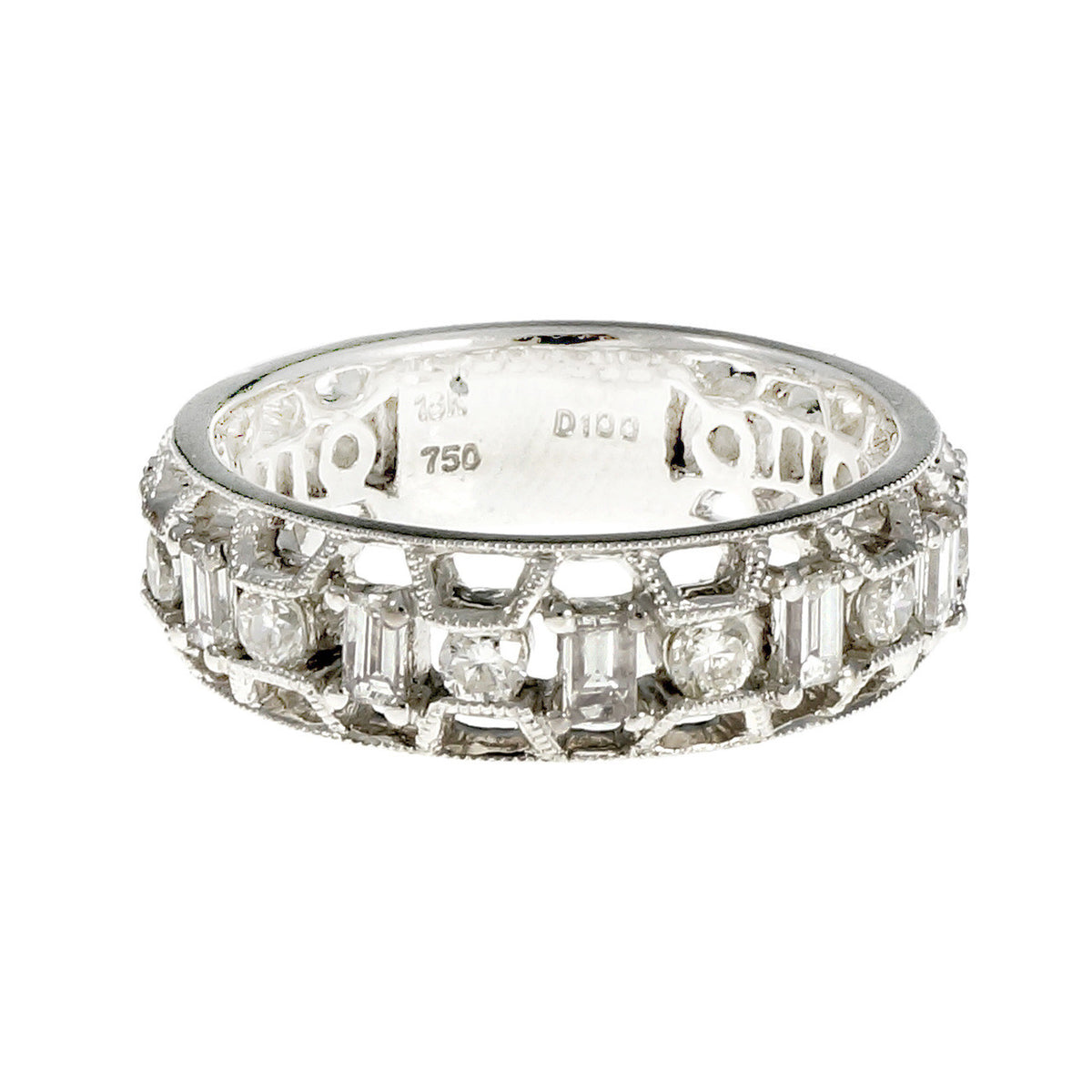 Open Work Diamond Wedding Band Ring Emerald Cut & Round 18k White Gold