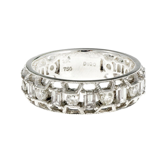 Open Work Diamond Wedding Band Ring Emerald Cut & Round 18k White Gold