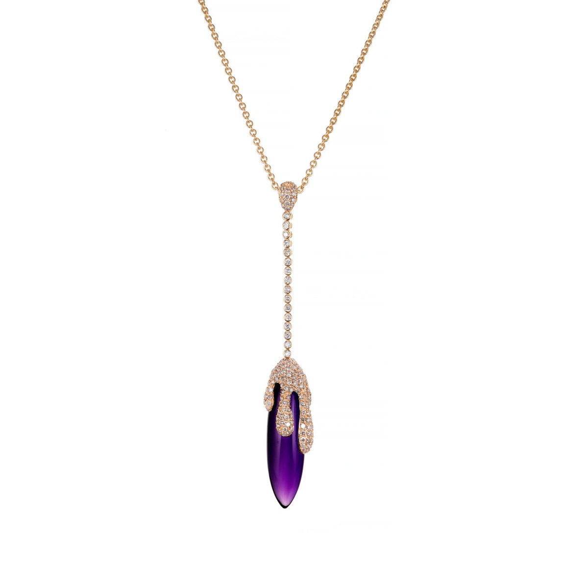 Crivelli 15.00cts Amethyst Diamond Rose Gold Drop Pendant Necklace
