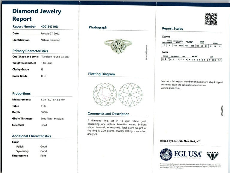 EGL Certified 1.80 Carat Transitional Diamond White Gold Engagement Ring – image 4