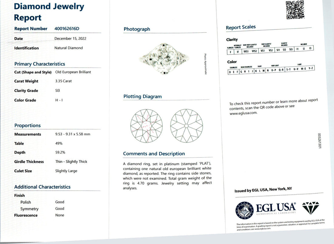 EGL Certified 3.35 Carat Old European Cut Diamond Platinum Engagement Ring – image 4