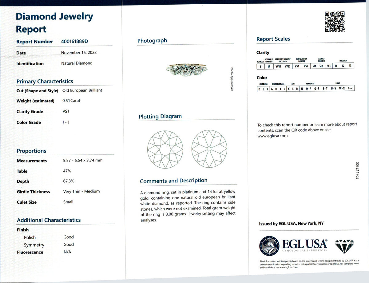 EGL Certified .51 Carat Diamond Two Tone Gold Three-Stone Engagement Ring – image 4