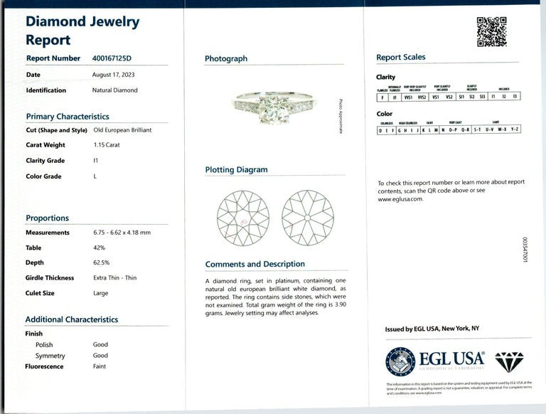EGL Certified 1.15 Carat Diamond Platinum Engagement Ring – image 4