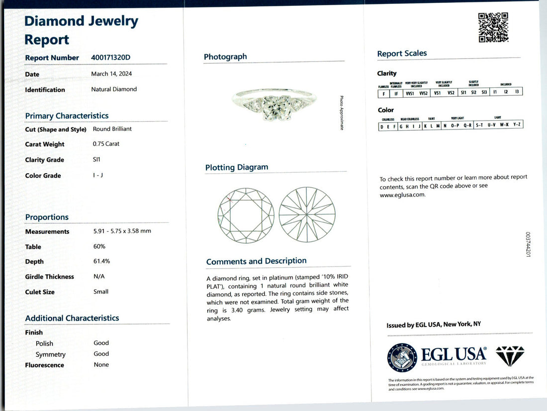 EGL Certified .75 Carat Diamond Three Stone Platinum Engagement Ring – image 3