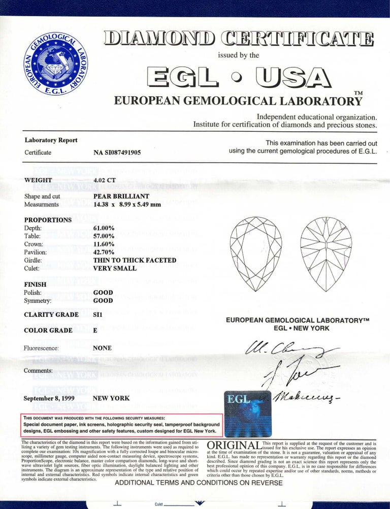 Peter Suchy EGL 4.02 Carat Pear Diamond Platinum Three Stone Engagement Ring – image 3